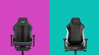 Boulies Master Rex and DXRacer Craft on a pink and turquoise background