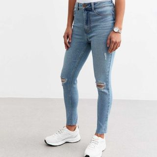 Petite Blue Ripped High Waisted Skinny Leg Jeans