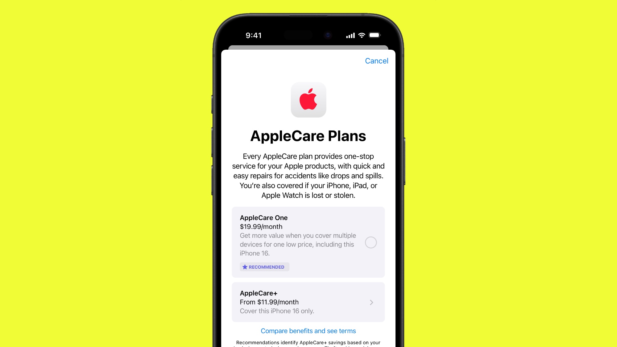 AppleCare Plans screen on iPhone showing AppleCare One and AppleCare+ pricing
