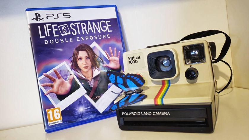 Photo taken by writer Rosalie Newcombe of the PS5 version of Life is Strange Double Exposure sitting next to a real-life polaroid camera and a toy of a blue butterfly.