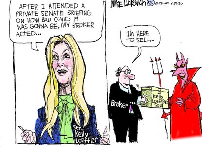 Political Cartoon U.S. Kelly Loefler COVID-19 Senate soul broker devil