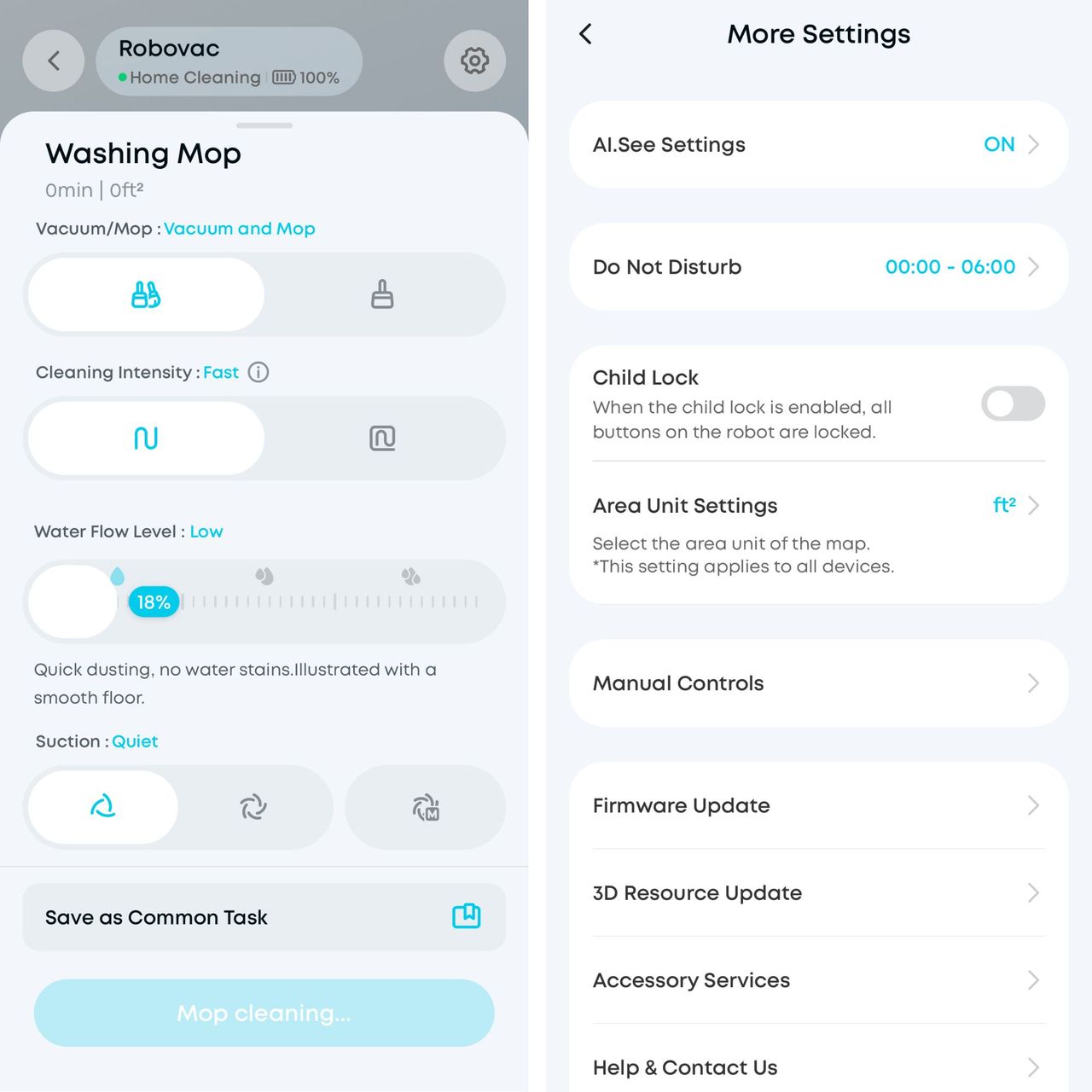 Screenshots of the Anker app, showing controls and settings of the Anker eufy Robot Vacuum E35 Omni