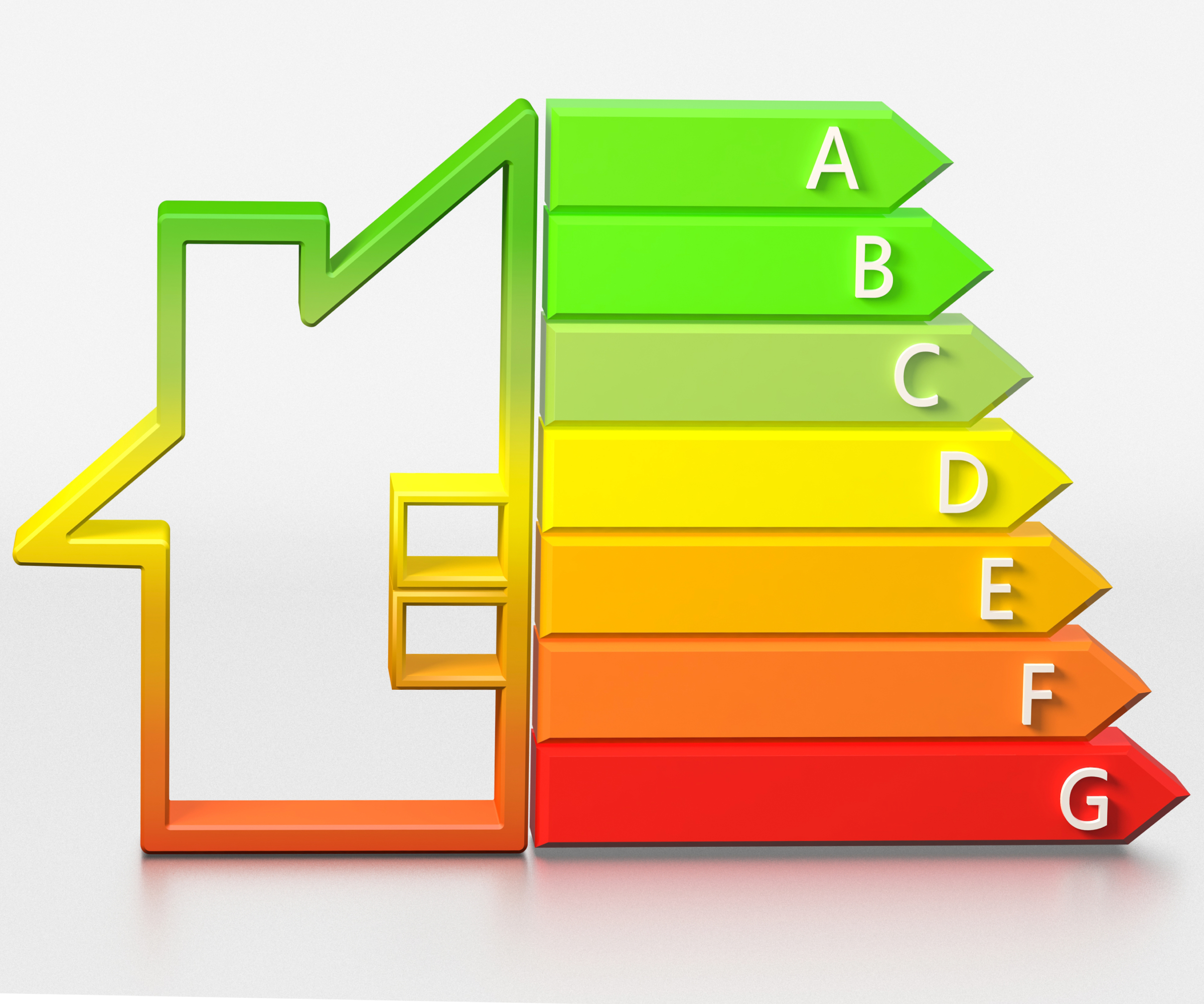 coloured illustration of half a house with epc energy rating bars next to it ranging from A - G with green at top ranging through yellow and orange to red at bottom