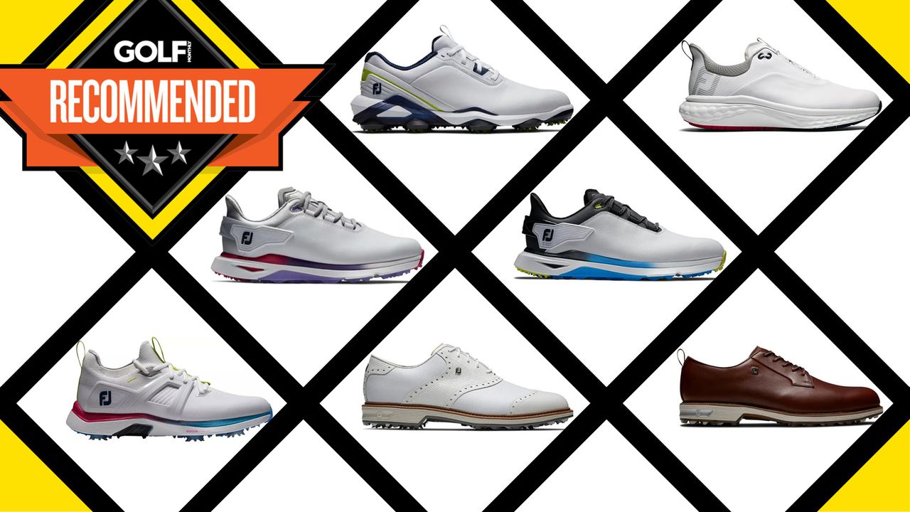 An array of different FootJoy golf shoes in a grid system