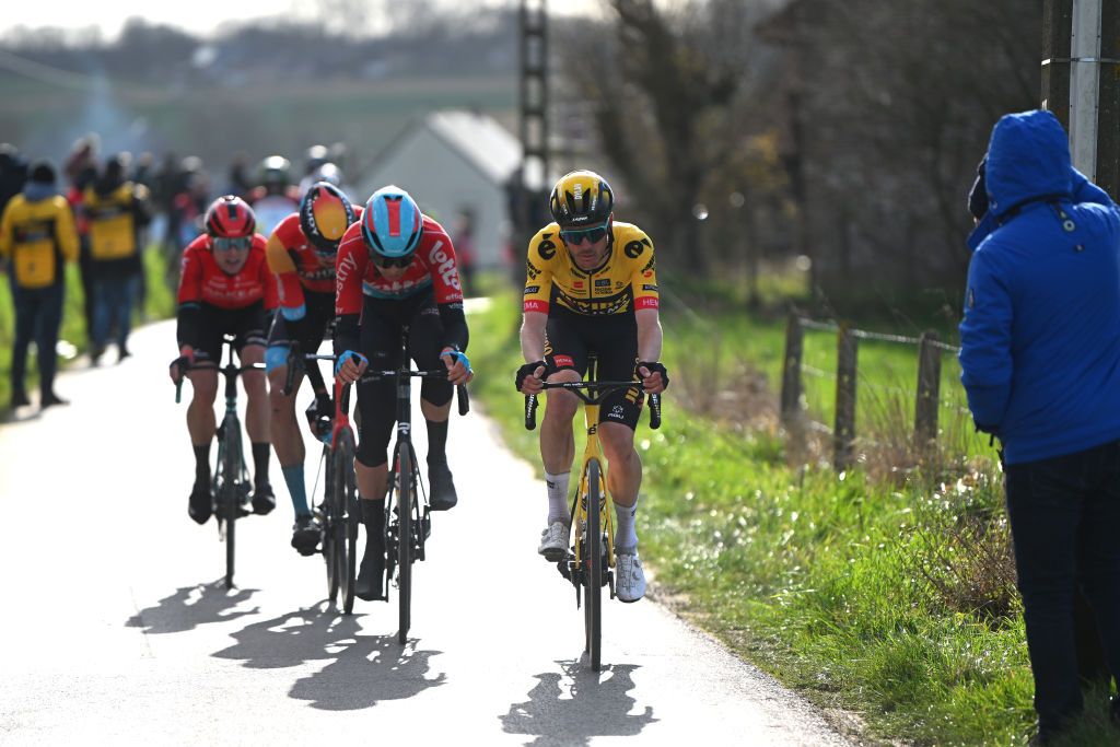 NINOVE BELGIUM FEBRUARY 25 Dylan Van Baarle of The Netherlands and Team JumboVisma competes during the 78th Omloop Het Nieuwsblad Elite 2023 Mens Elite a 2073km one day race from Ghent to Ninove OHN23 on February 25 2023 in Ninove Belgium Photo by Luc ClaessenGetty Images