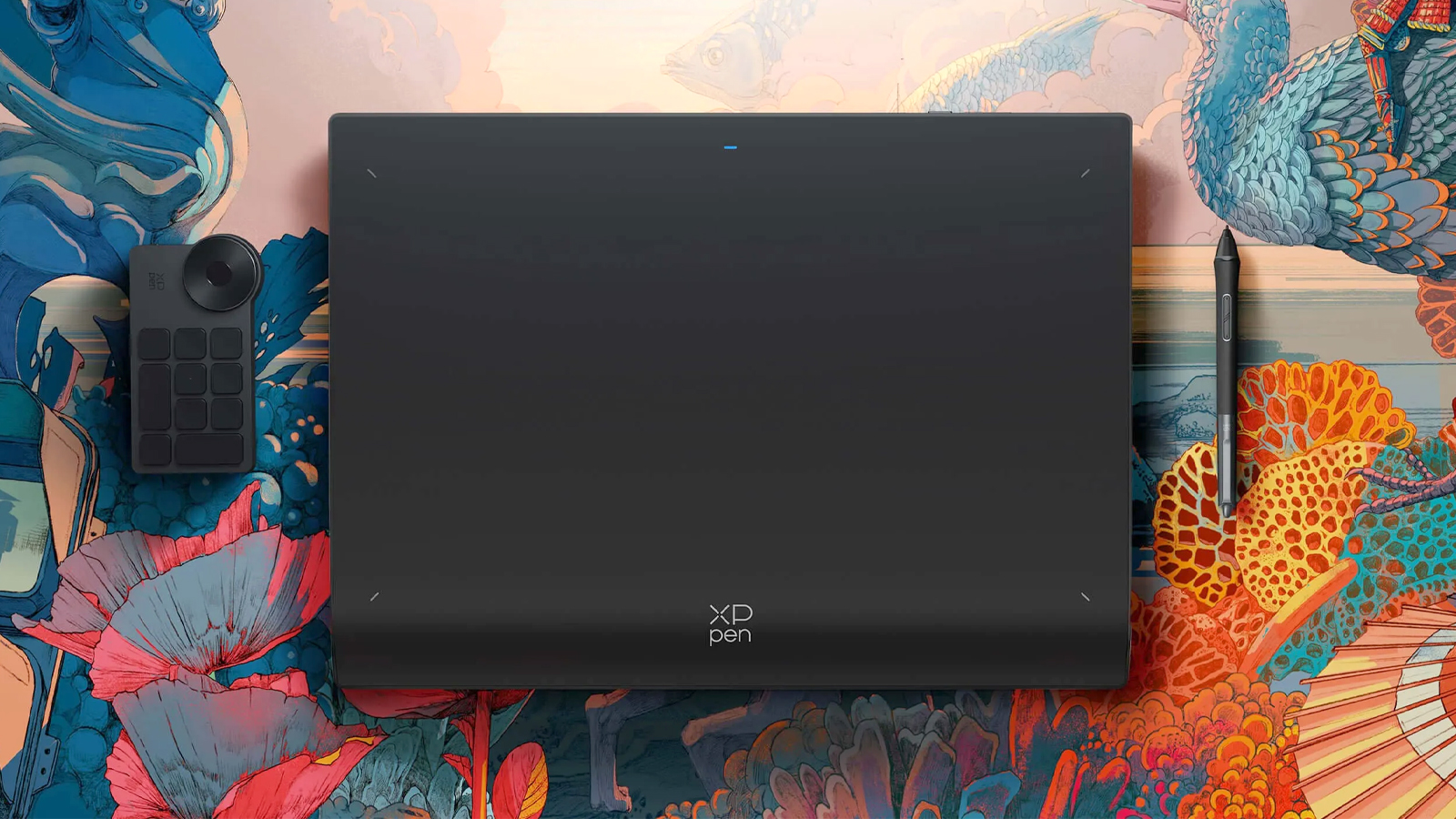 A black tablet surrounded by digital art