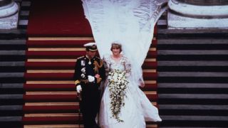 LONDON, ENGLAND - JULY 29: Prince Charles, Prince of Wales and Diana, Princess of Wales, wearing a wedding dress designed by David and Elizabeth Emanuel and the Spencer family Tiara, leave St. Paul's Cathedral following their wedding on July 29, 1981 in London, England.
