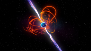 a small greenish-blue sphere with purplish jets emanating from both poles sits in the blackness of space