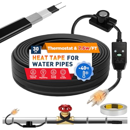3~100ft Heat Tape for Water Pipes, Ul &amp;amp; Etl Certified 30 Ft Self-Regulating Pipe Heating Cable With Thermostat for Pipe Freeze Protection, Waterproof Heat Tape for Metal and Plastic Pipes,black