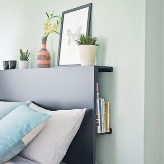 Storage headboard on bed with shelves for plants, books and art