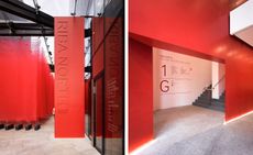 Two images: Left red entrance way signage, Right- Entrance way with signage on the walls