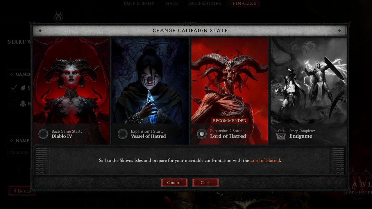 Menu screen from Diablo 4 titled "Change Campaign State," featuring four panels: Diablo 4, Vessel of Hatred, Lord of Hatred, and Endgame.