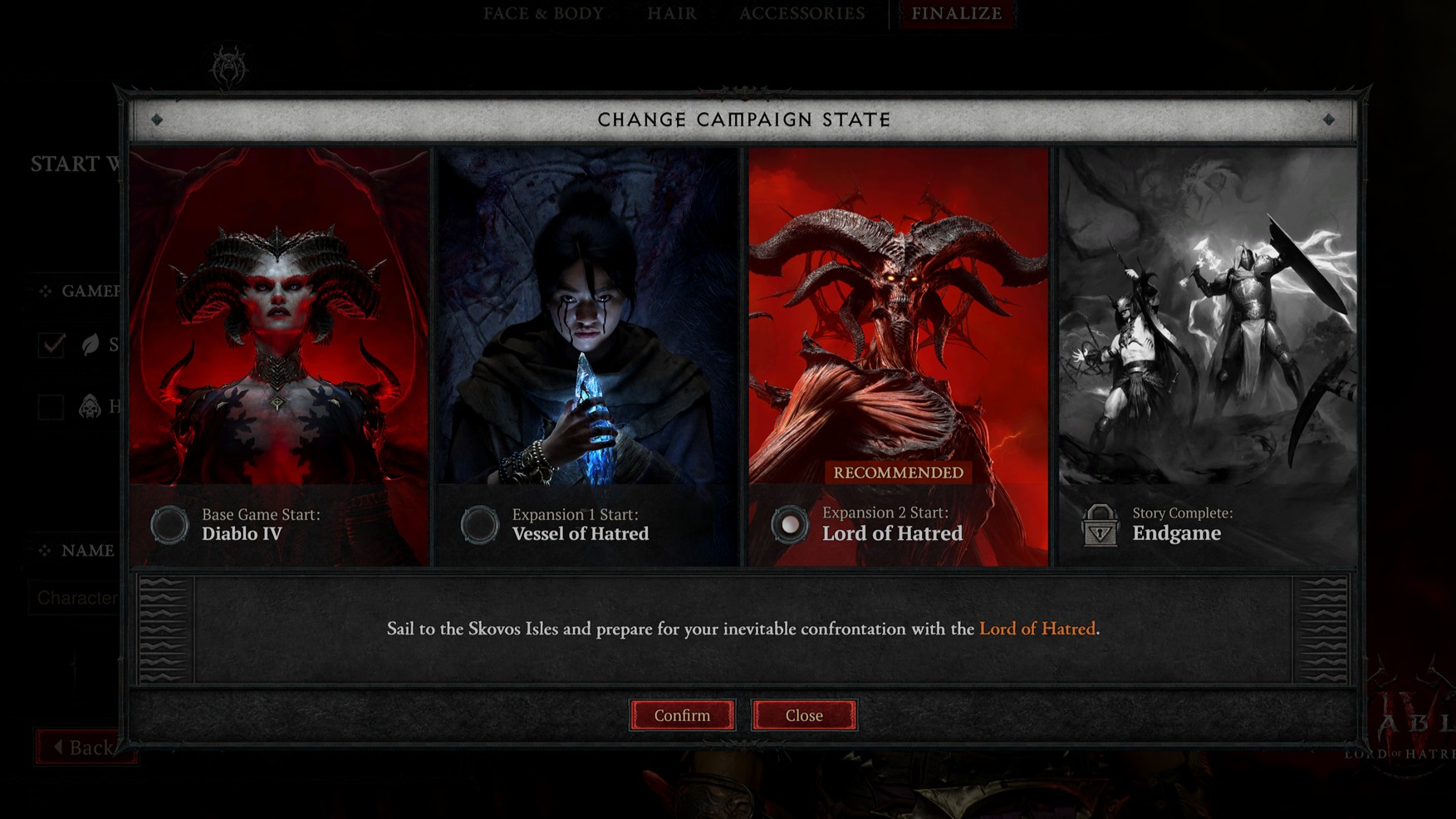 Menu screen from Diablo 4 titled "Change Campaign State," featuring four panels: Diablo 4, Vessel of Hatred, Lord of Hatred, and Endgame.