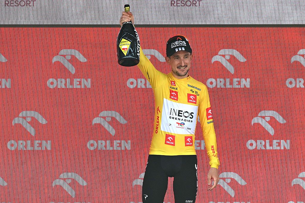 BUKOWINA TATRZANSKA, POLAND - AUGUST 09: Victor Langellotti of Monaco and Team INEOS Grenadiers celebrates at podium as Yellow Leader Jersey winner during the 82nd Tour de Pologne 2025, Stage 6 a 147.5km stage from Bukowina Resort to Bukowina Tatrzanska 943m / #UCIWT / on August 09, 2025 in Bukowina Tatrzanska, Poland. (Photo by Luc Claessen/Getty Images)