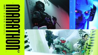 Key art for Marathon (2025). It shows the name on the left side, and then three colorful images showing sci-fi mercenaries.