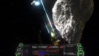 A spaceship dodges an asteroid while firing its thrusters, viewed from top down, from game Delta V: Rings of Saturn
