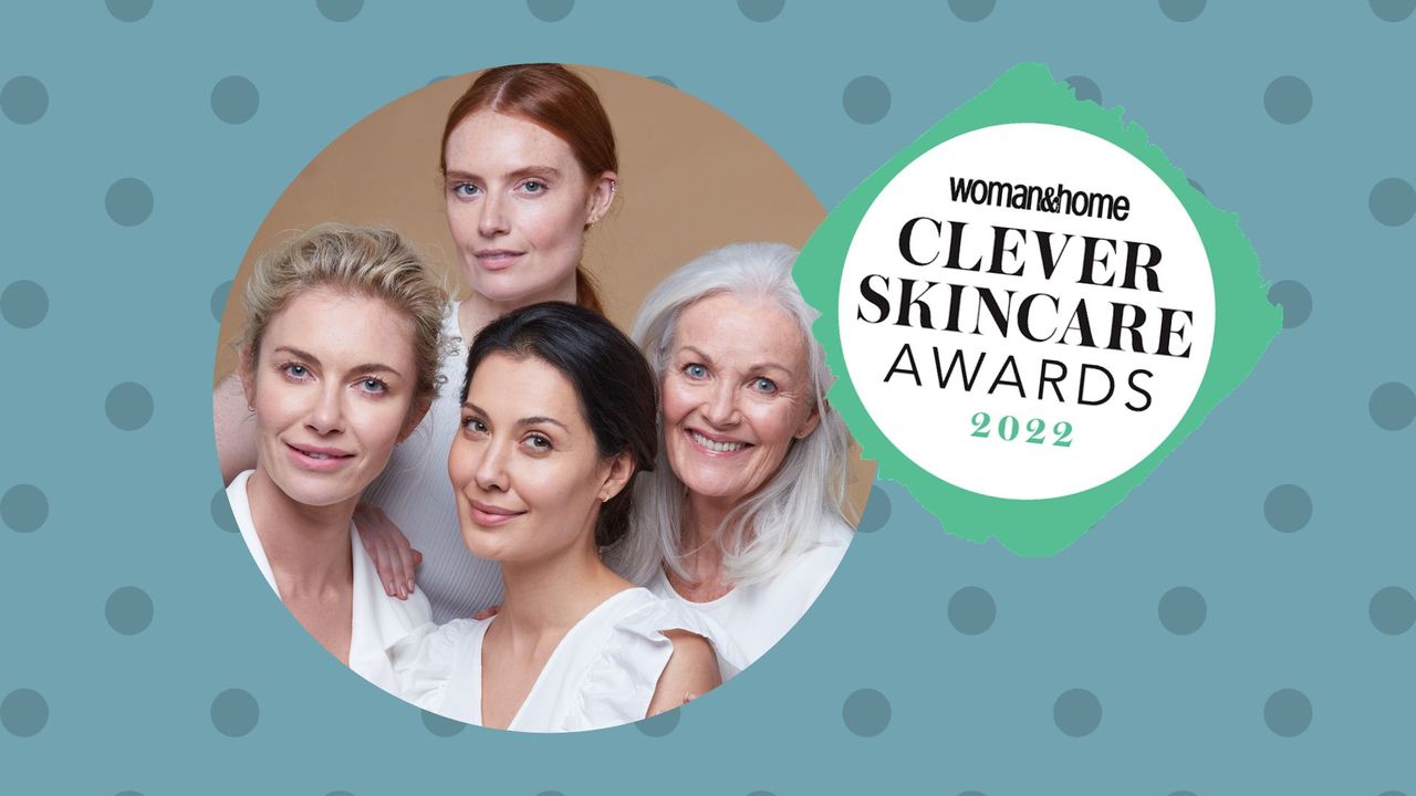 model shot of four women of all different ages, with a logo for the woman&amp;home clever skincare awards where we picked the best skincare products 2022