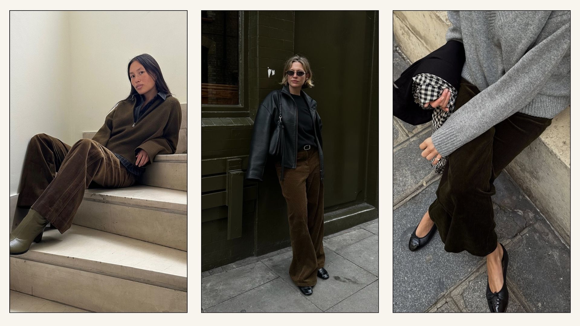 Collage of influencers wearing corduroy trousers with boots, loafers and flats.