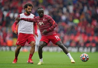Mohamed Salah and Sadio during a pre-match warm-up