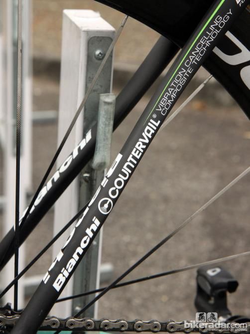 Bianchi says its Countervail technology squelches vibrations by selectively inserting layers of viscoelastic material into the carbon fiber lay-up