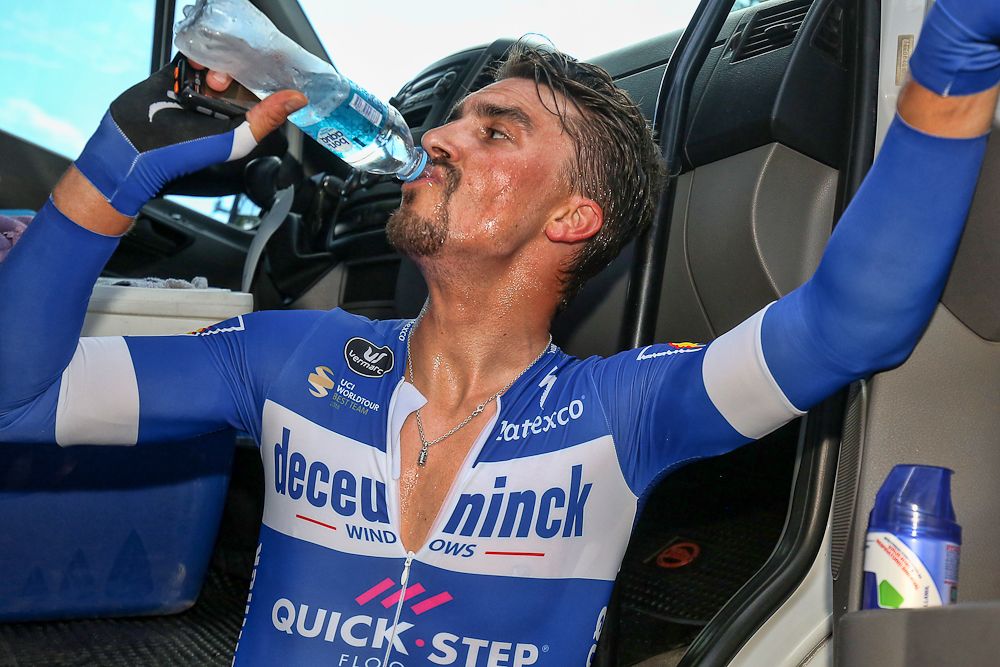 Julian Alaphilippe (Deceuninck-Quick Step) hydrates after winning stage 3 in San Juan