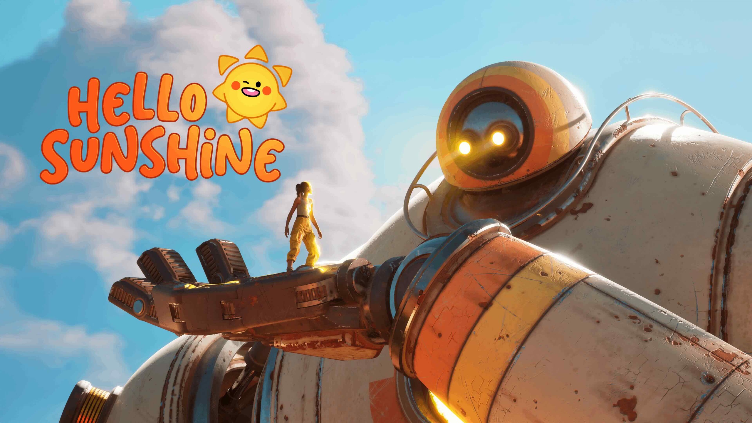 A giant robot holds a human woman in the palm of its hand. The Hello Sunshine logo is shown.