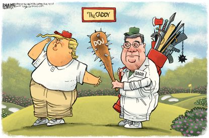 Political Cartoon U.S. Trump William Barr Caddy Mueller Report no collusion DOJ