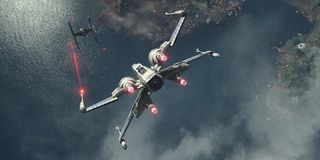 X-Wing shooting at TIE Fighter in Star Wars: The Force Awakens