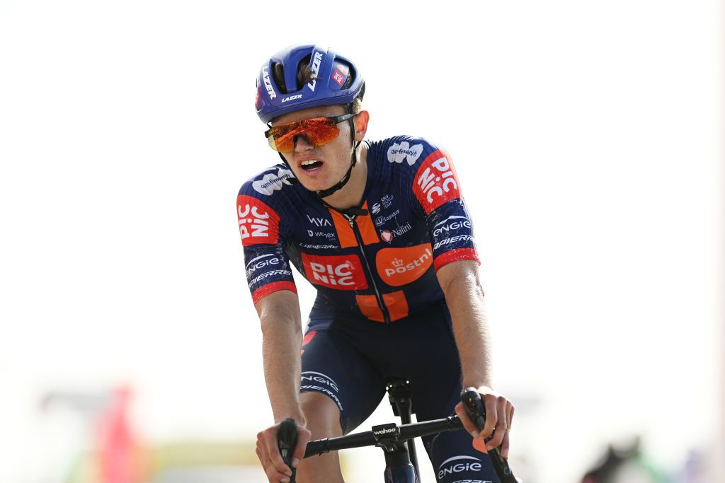 Oscar Onley (Picnic PostNL) crosses the finish line atop Jebel Hafeet during stage 7 at the UAE Tour