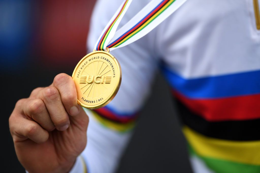 LEUVEN BELGIUM SEPTEMBER 26 Detail view of gold medalist Julian Alaphilippe of France celebrating during the medal ceremony after the 94th UCI Road World Championships 2021 Men Elite Road Race a 2683km race from Antwerp to Leuven flanders2021 on September 26 2021 in Leuven Belgium Photo by Tim de WaeleGetty Images