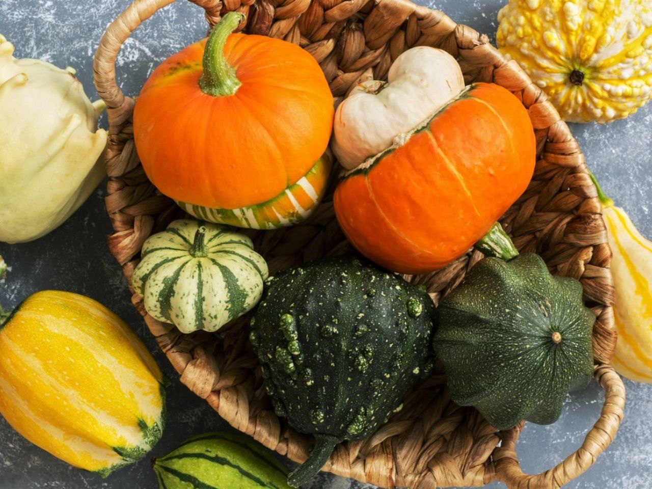 A Basket Of Winter Squash From The Garden