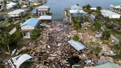 An aerial view of damaged houses are seen after Hurricane Helene made landfall in Horseshoe Beach, Florida, on September 28, 2024. 