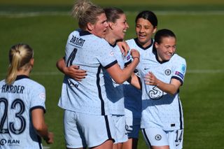 Melanie Leupolz celebrates scoring a key away goal for Chelsea in Munich
