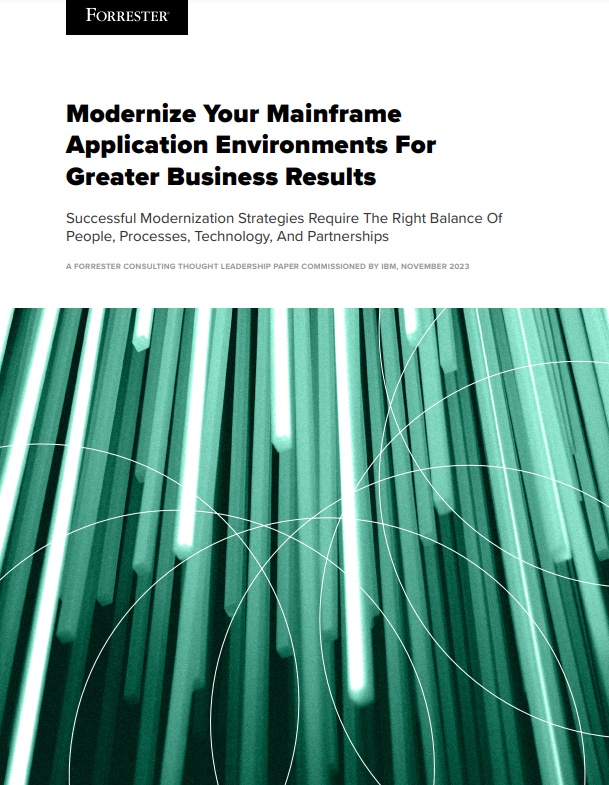 A green lightbeam image on the whitepaper cover from IBM on modernizing your mainframe application environments