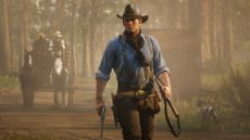 Arthur Morgan from Red Dead Redemption 2 holding a lasso with a cart behind him