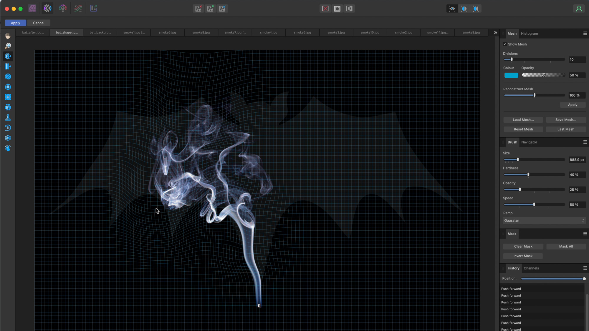 Bend pixels to your will using the Liquify tool and push the smoke texture around so it fills in the bat shape