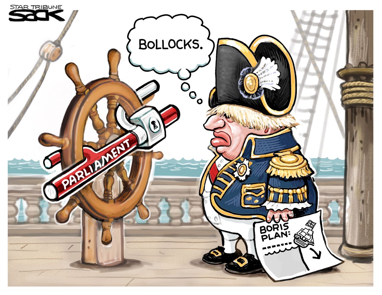 Political Cartoon U.S. Boris Johnson Steering Ship Parliament Locked Wheel