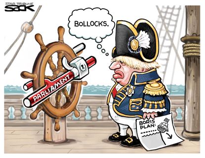 Political Cartoon U.S. Boris Johnson Steering Ship Parliament Locked Wheel