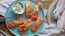 salmon fillets on a blue plate