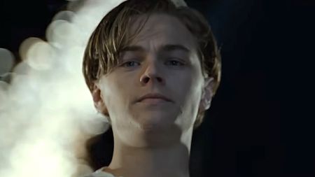 Jack looking down at Rose from higher deck in Titanic