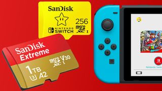 Minneskort till Nintendo Switch: Två stycken minneskort till Nintendo Switch visas upp mot en röd bakgrund tillsammans med en Nintendo Switch-konsol.