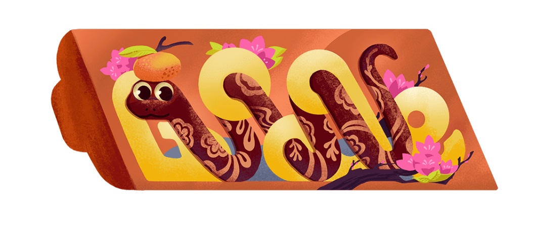 Google's 2025 Doodle for the Lunar New Year is an orange, yellow, and pink spectacle for the Year of the Snake.