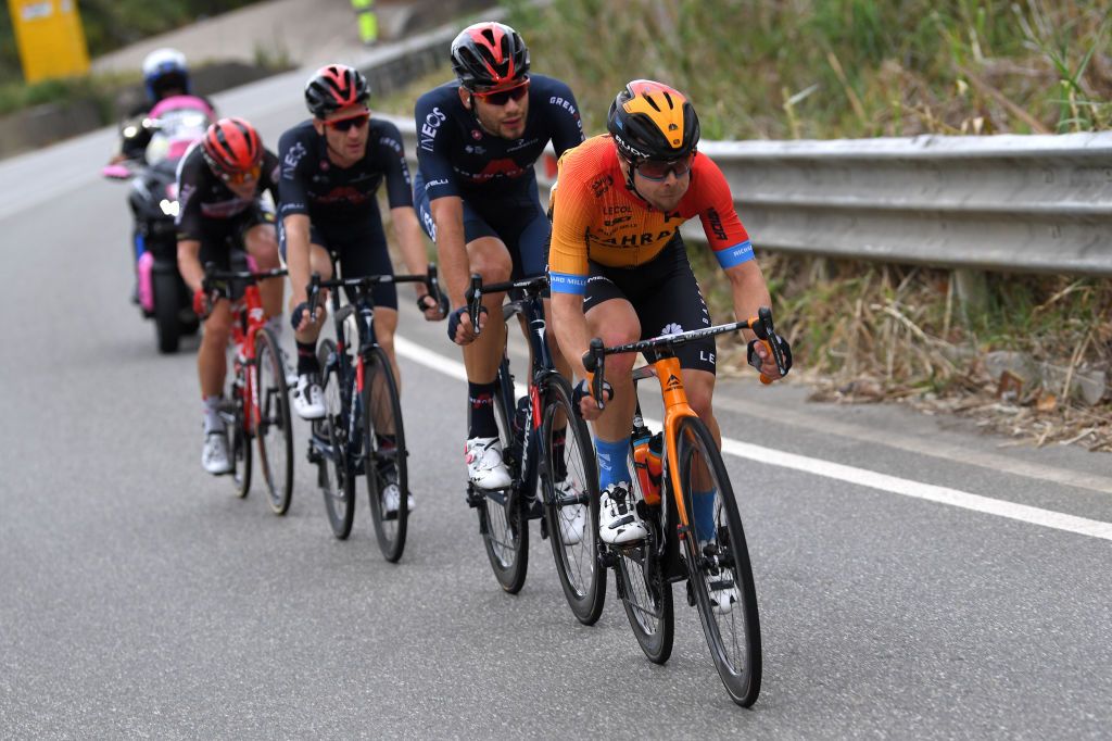 CAMIGLIATELLO SILANO ITALY OCTOBER 07 Salvatore Puccio of Italy and Team INEOS Grenadiers Filippo Ganna of Italy and Team INEOS Grenadiers Jan Tratnik of Slovenia and Team Bahrain Mclaren Breakaway during the 103rd Giro dItalia 2020 Stage 5 a 225km stage from Mileto to Camigliatello Silano 1275m girodiitalia Giro on October 07 2020 in Camigliatello Silano Italy Photo by Tim de WaeleGetty Images