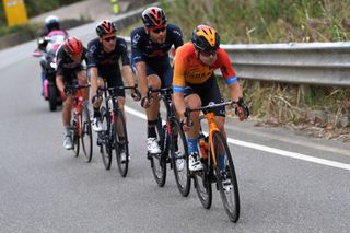 CAMIGLIATELLO SILANO ITALY OCTOBER 07 Salvatore Puccio of Italy and Team INEOS Grenadiers Filippo Ganna of Italy and Team INEOS Grenadiers Jan Tratnik of Slovenia and Team Bahrain Mclaren Breakaway during the 103rd Giro dItalia 2020 Stage 5 a 225km stage from Mileto to Camigliatello Silano 1275m girodiitalia Giro on October 07 2020 in Camigliatello Silano Italy Photo by Tim de WaeleGetty Images