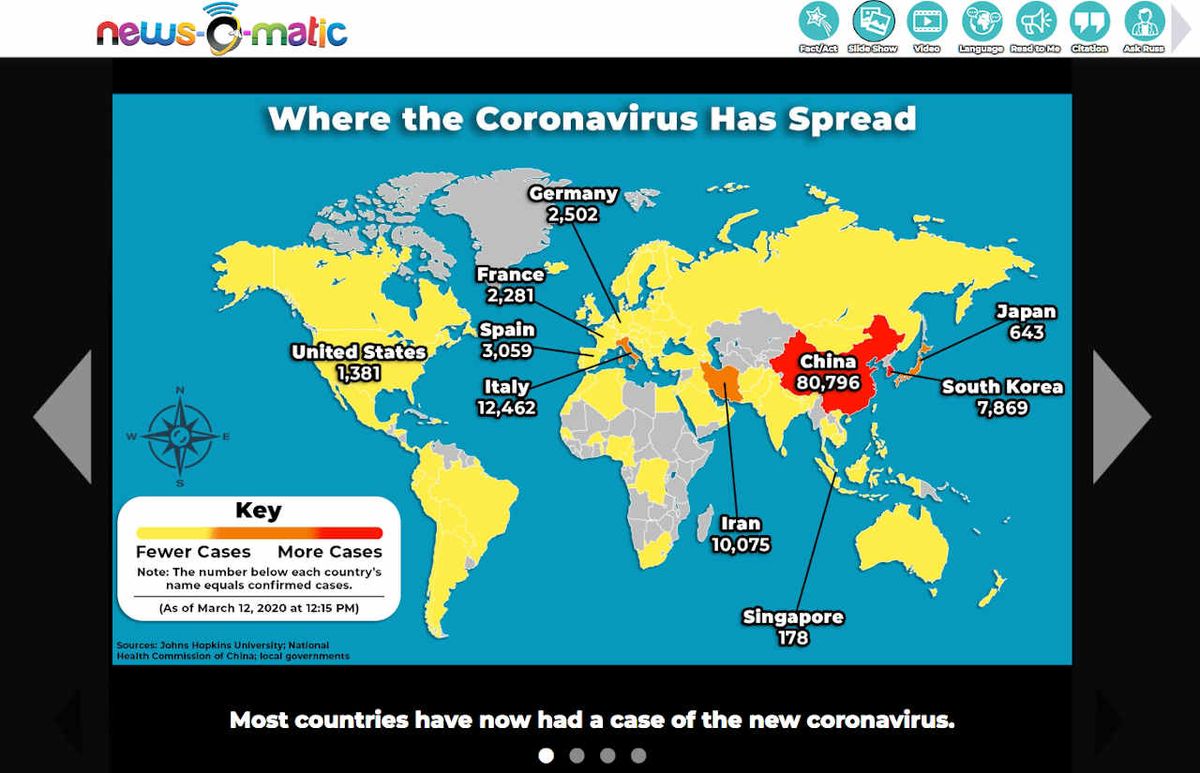 News-O-Matic EDU screenshot showing world map of coronavirus cases