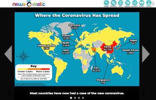 News-O-Matic EDU screenshot showing world map of coronavirus cases