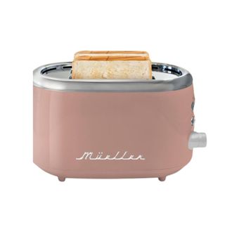 A pink retro toaster with a silver top with two slices of toast popping out, silver writing on the side that says 'mueller' and a silver handle