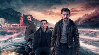 A promo shot for the movie Blood for Dust in which the three main characters, including Kit Harington, are looking at the screen with a dramatic sunset and mountain landscape behind them.