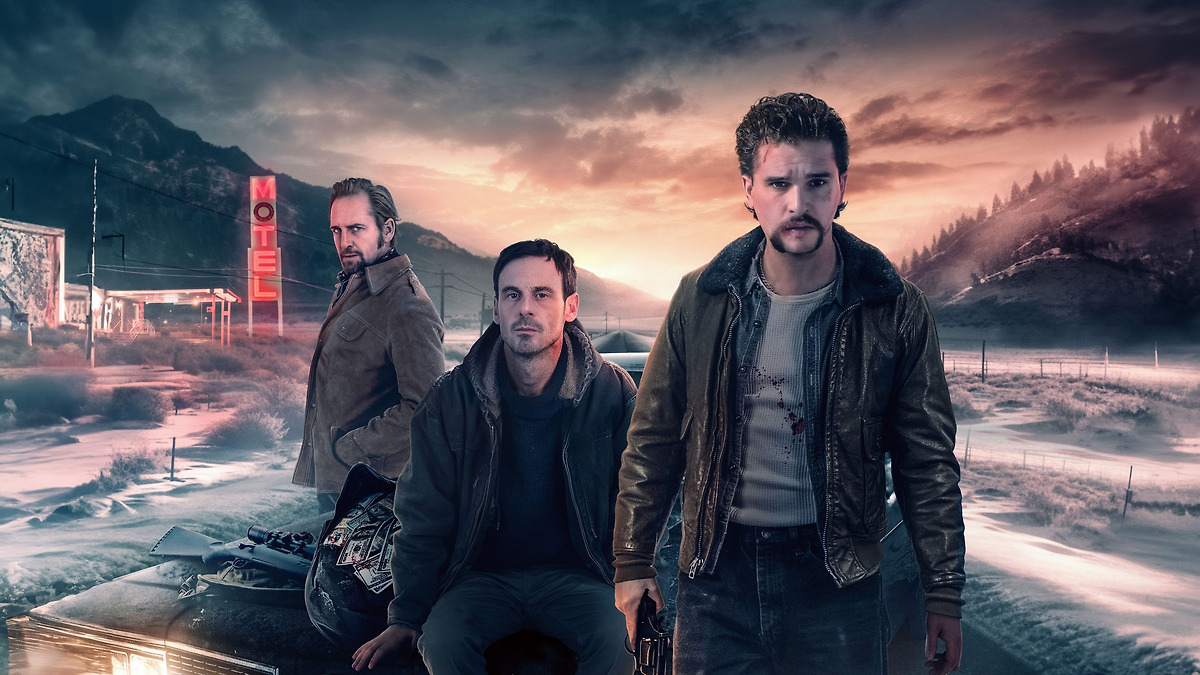 A promo shot for the movie Blood for Dust in which the three main characters, including Kit Harington, are looking at the screen with a dramatic sunset and mountain landscape behind them.