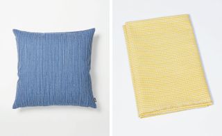 Two images. A blue fabric covered cushion and a yellow and white checkered table cloth.